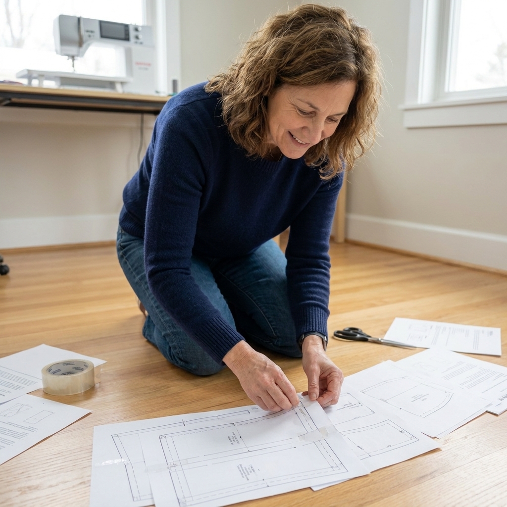 A person kneeling on a clean floor taping together printed PDF pattern pages into a large pattern sheet