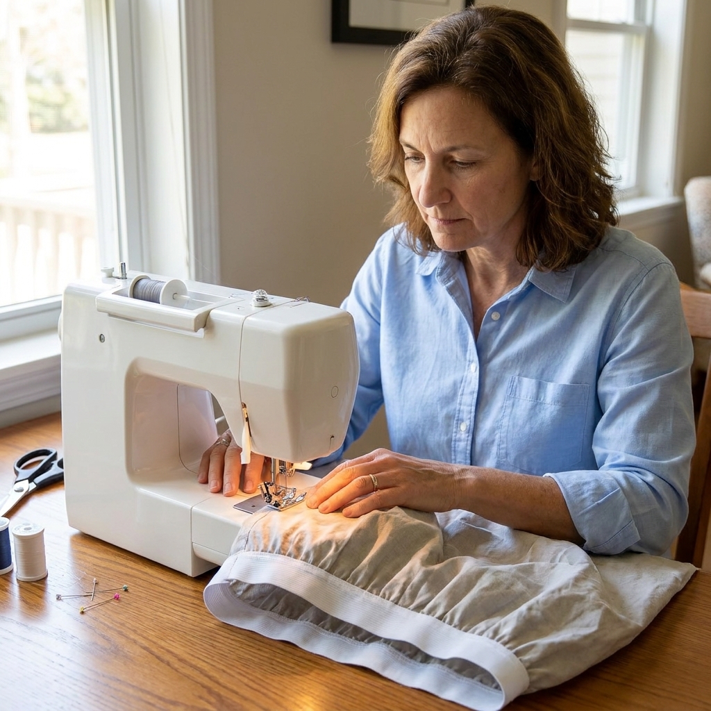 A person sewing an elastic waistband on a simple cotton skirt at a home sewing machine, hands guiding the fabric under the presser foot
