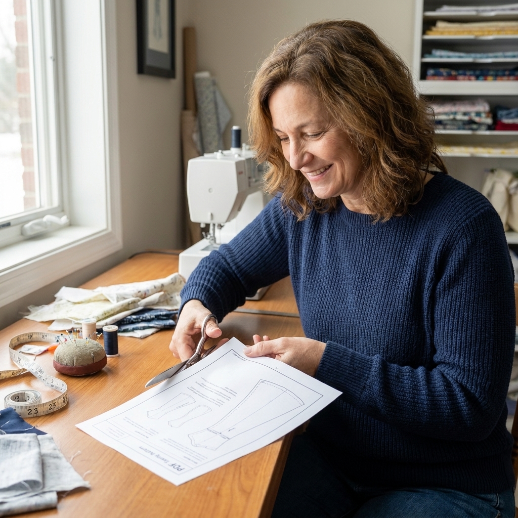A person trimming the white margin off a printed PDF sewing pattern page with sharp scissors at a sewing table