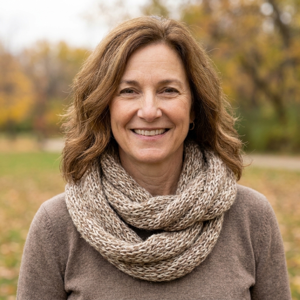 A person wearing a finished infinity scarf looped twice around the neck, photographed outdoors in soft natural light