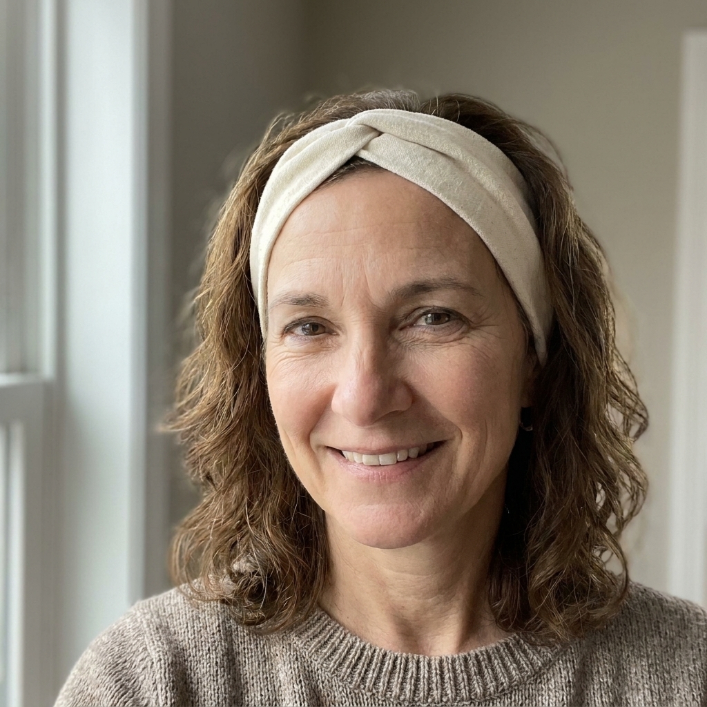 A person wearing a simple handmade cotton headband with a soft front twist, photographed in natural light