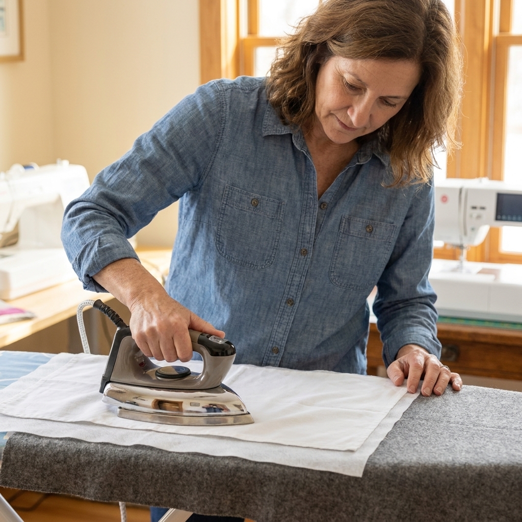 A photo of a cotton press cloth laid over fabric and interfacing while an iron presses down on top