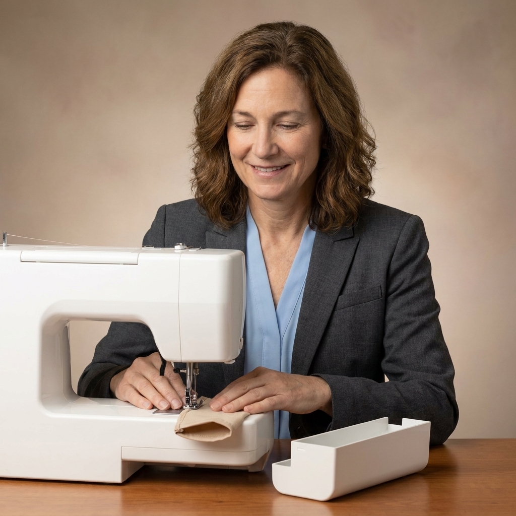 A photo of a sewing machine with the accessory compartment removed to show the free arm, with a small fabric tube positioned around the arm ready for hemming