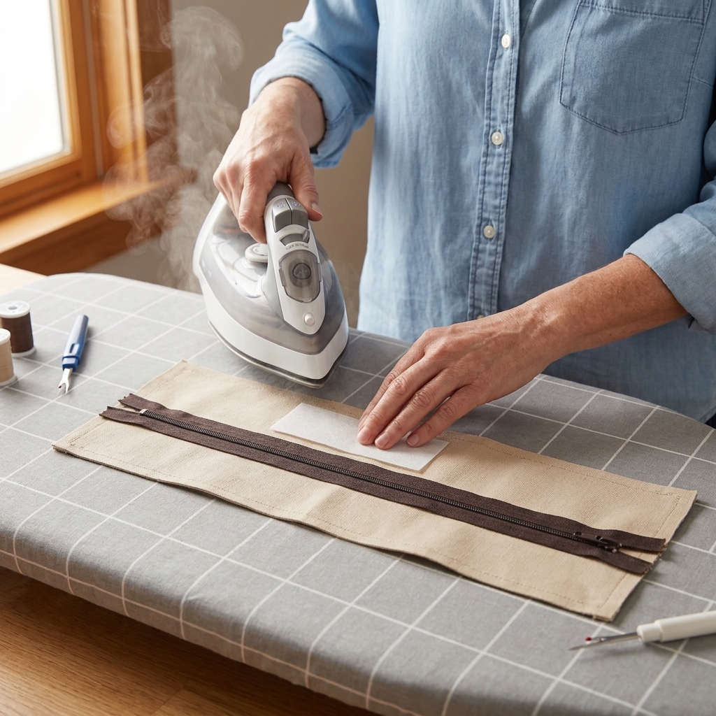 A photo of a small bag zipper panel laid flat while a person presses fusible interfacing onto the wrong side near the zipper area