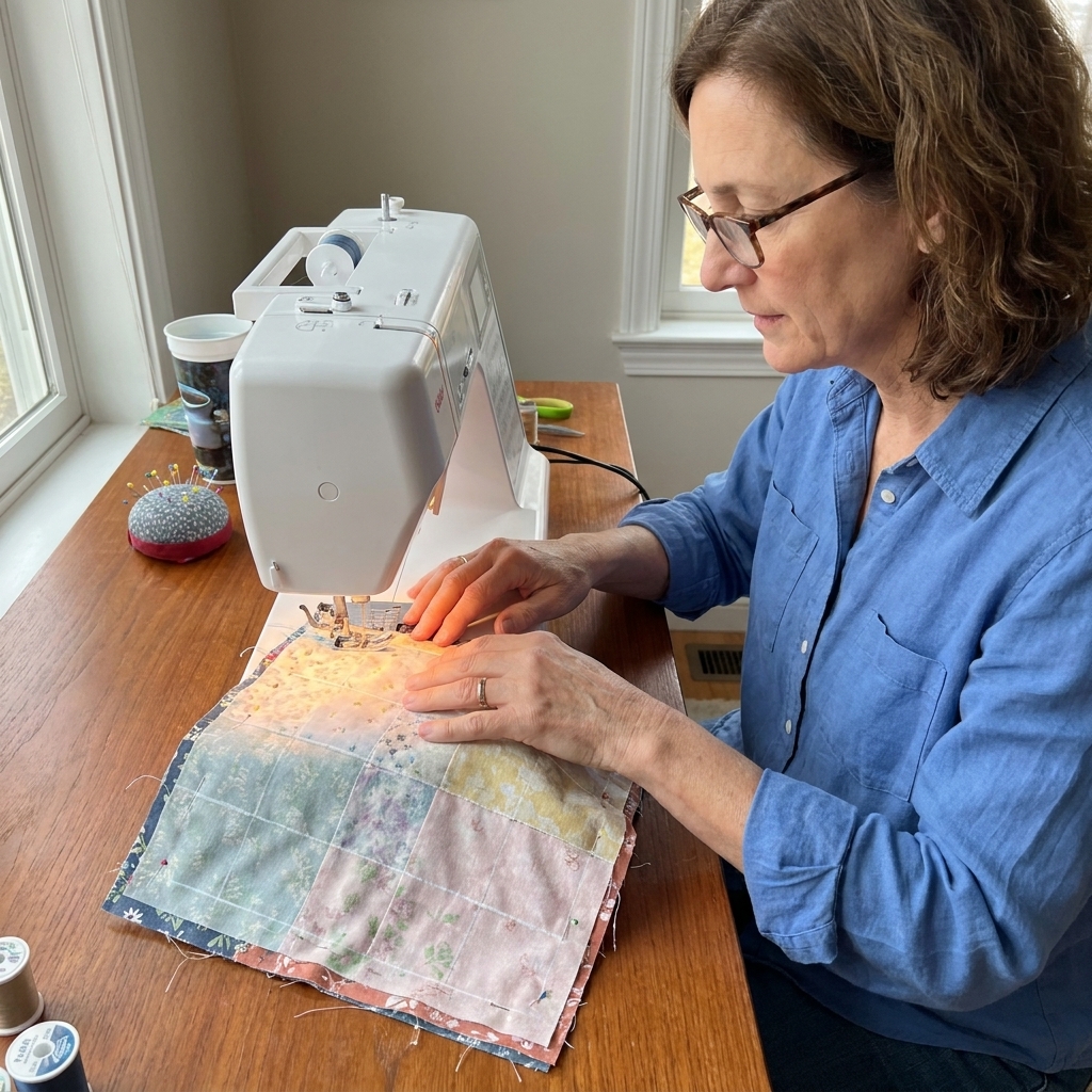 A photograph of a fabric square layered and pinned with faint chalk lines marked in parallel rows, ready for straight-line quilting on a sewing machine