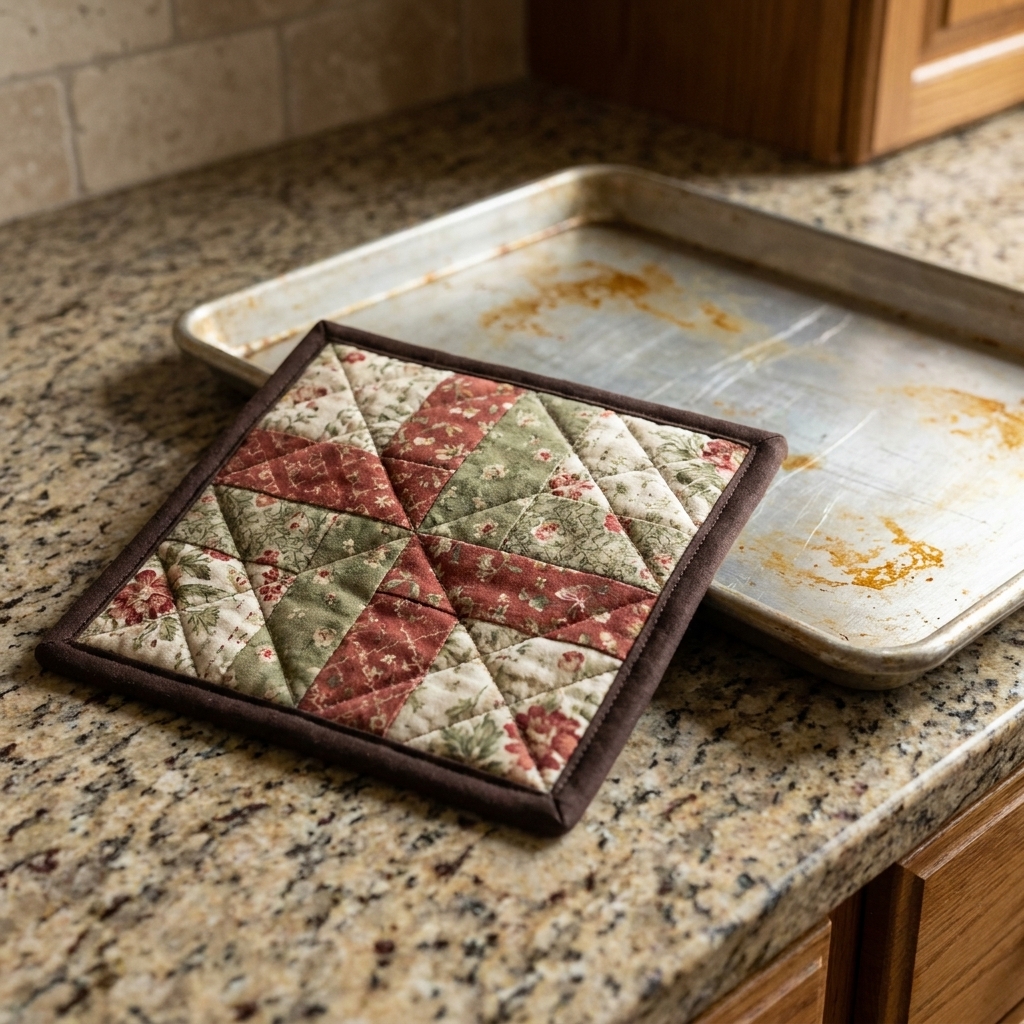 A photograph of a finished quilted fabric pot holder with binding resting on a kitchen counter next to a baking sheet
