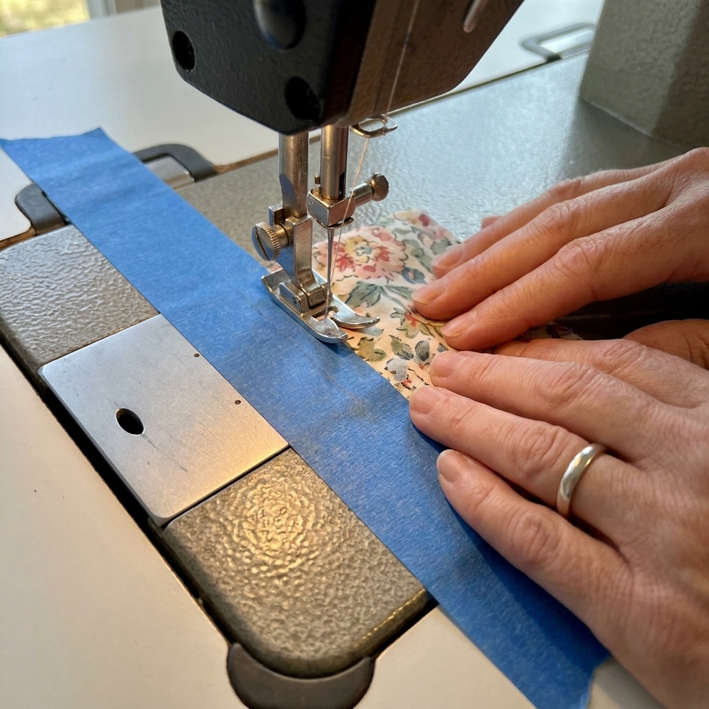 A photograph of a sewing machine bed with a strip of blue painter's tape placed parallel to the needle as a seam allowance guide while fabric is stitched