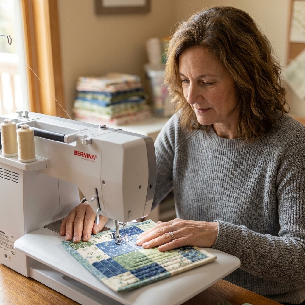 A photograph of a sewing machine stitching straight quilting lines across a small square pot holder sandwich, with hands guiding the fabric