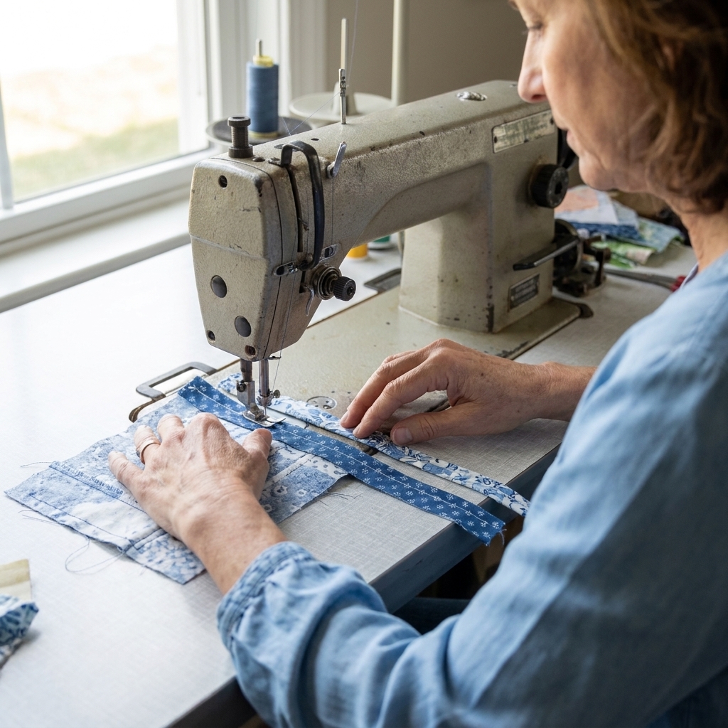 A photograph of hands guiding two narrow cotton fabric strips under a sewing machine presser foot while practicing a straight seam on scrap fabric