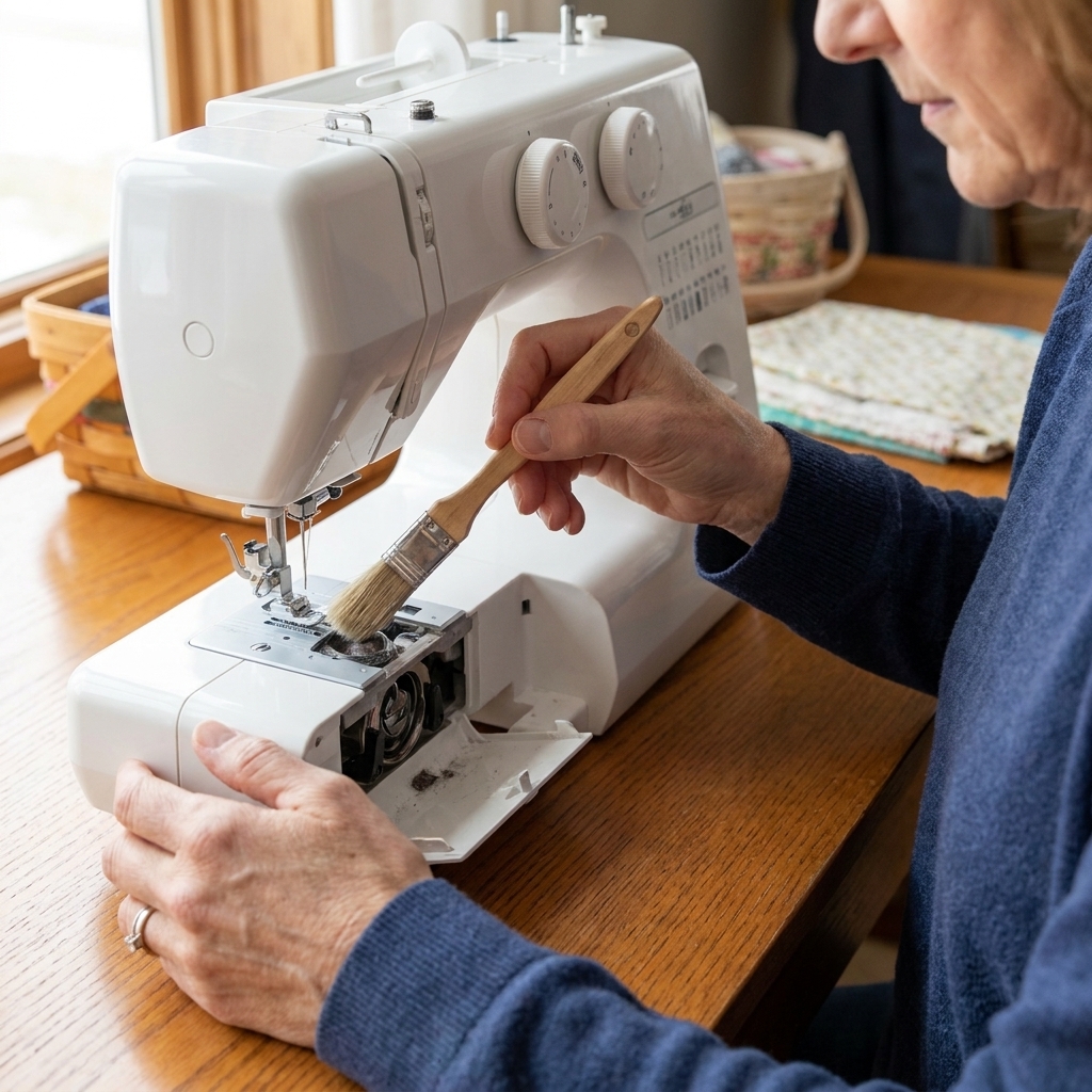 A photograph of hands using a small cleaning brush to remove lint from the bobbin area of a home sewing machine