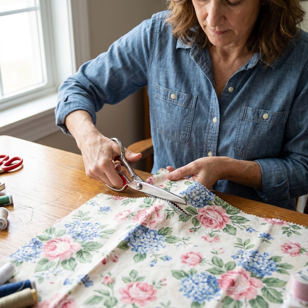 A photograph of pinking shears cutting along the raw edge of a seam allowance on floral cotton fabric on a sewing table