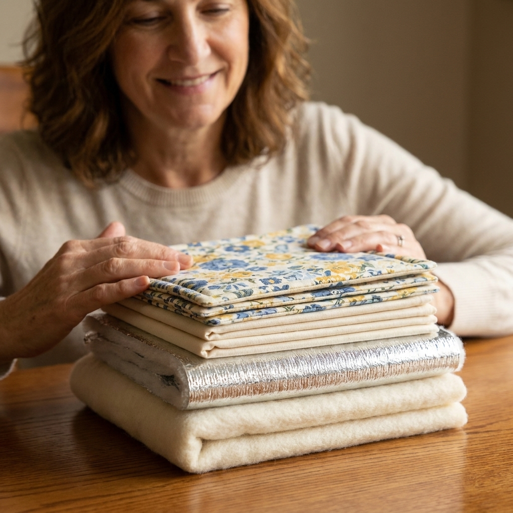A photograph of pot holder materials stacked on a table showing cotton fabric squares, a layer of Insul-Bright batting, and optional cotton batting arranged in a neat pile