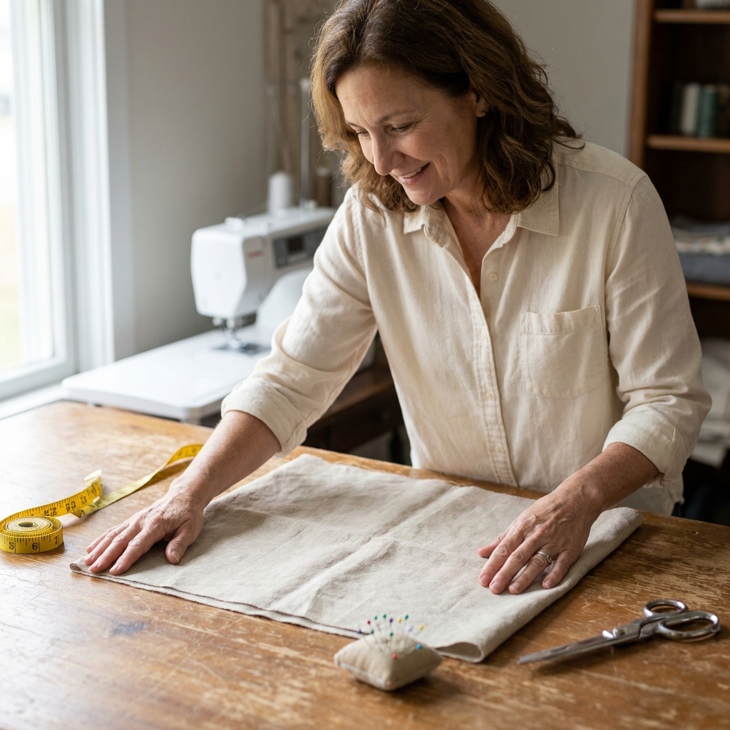 A piece of natural beige linen fabric spread flat on a wooden table next to a measuring tape and sewing pins