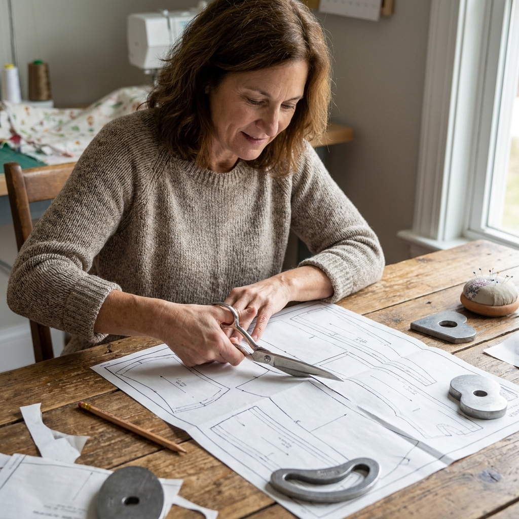 A printed sewing pattern sheet being cut out with paper scissors on a wooden table next to pattern weights and a pencil
