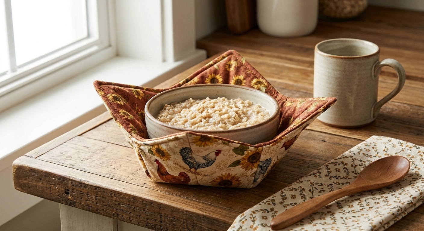 A quilted cotton microwave bowl cozy holding a ceramic bowl on a kitchen counter