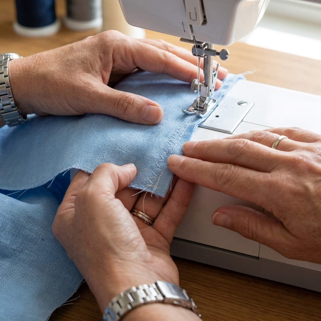 A real-life close-up of a seam allowance being finished with a zigzag stitch, showing the zigzag thread wrapping the raw edge of light blue woven fabric