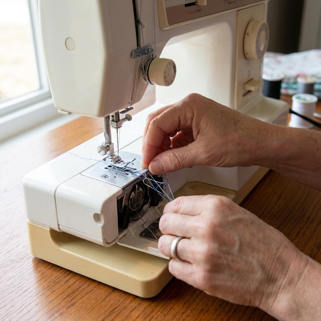 A real photo of hands opening a sewing machine bobbin compartment and removing loose tangled threads from around the bobbin case
