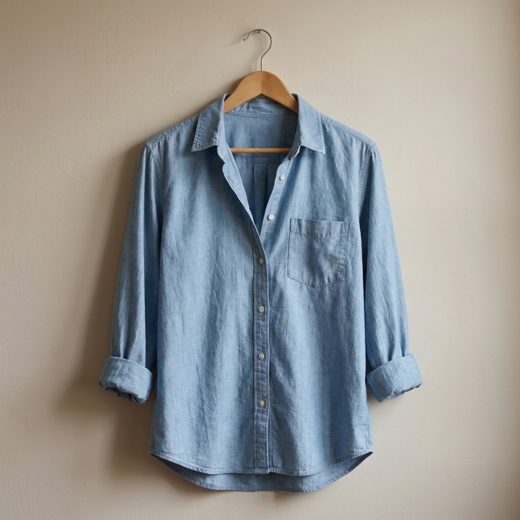 A relaxed button-up shirt in light chambray fabric on a hanger against a plain wall, photographed with natural light