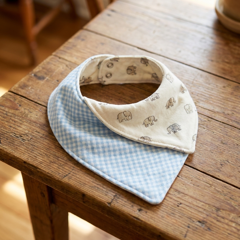 A reversible baby bandana bib made from cotton fabric, laid flat on a wooden table with snaps visible at the neck