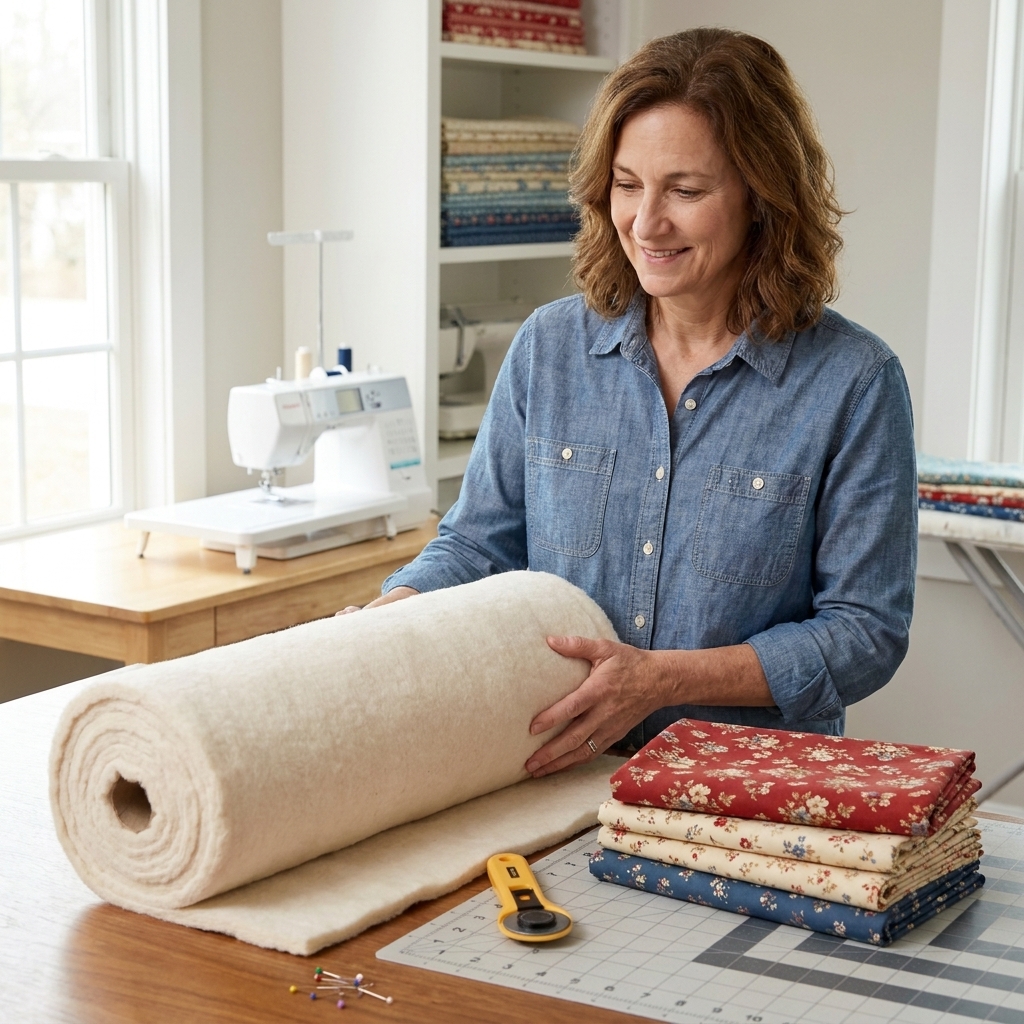A roll of 100% cotton batting on a sewing table next to cotton fabric and a rotary cutter