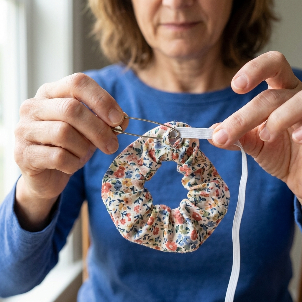 A safety pin pulling elastic through the inside of a fabric scrunchie ring through a small opening, with fingers holding the other elastic end to prevent it from slipping in