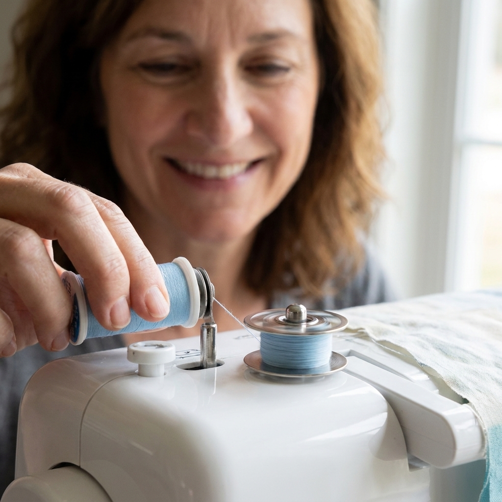 A sewing machine bobbin winder spinning with thread winding evenly onto a bobbin