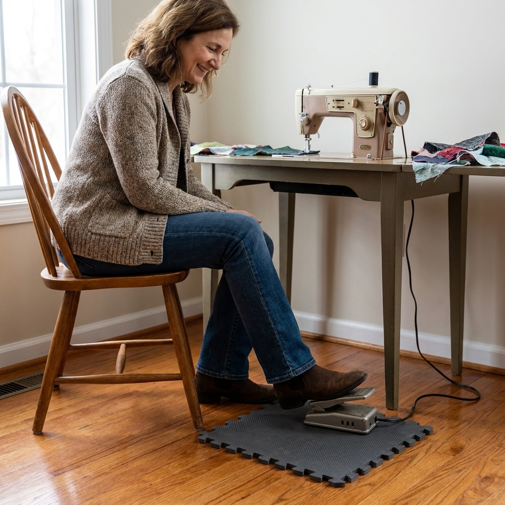 A sewing machine foot pedal placed on a small rubber mat on a wooden floor, positioned in front of a chair for stable use