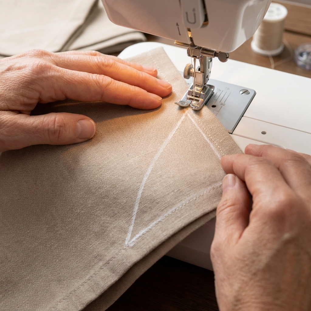 A sewing machine foot stitching along a marked diagonal line on the corner of a folded cloth napkin