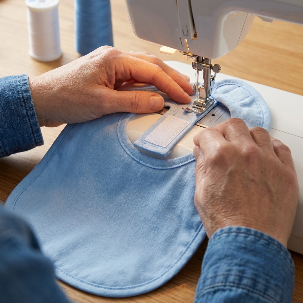A sewing machine foot stitching around a small rectangle of sew-on hook-and-loop tape attached to the neck strap of a cotton baby bib