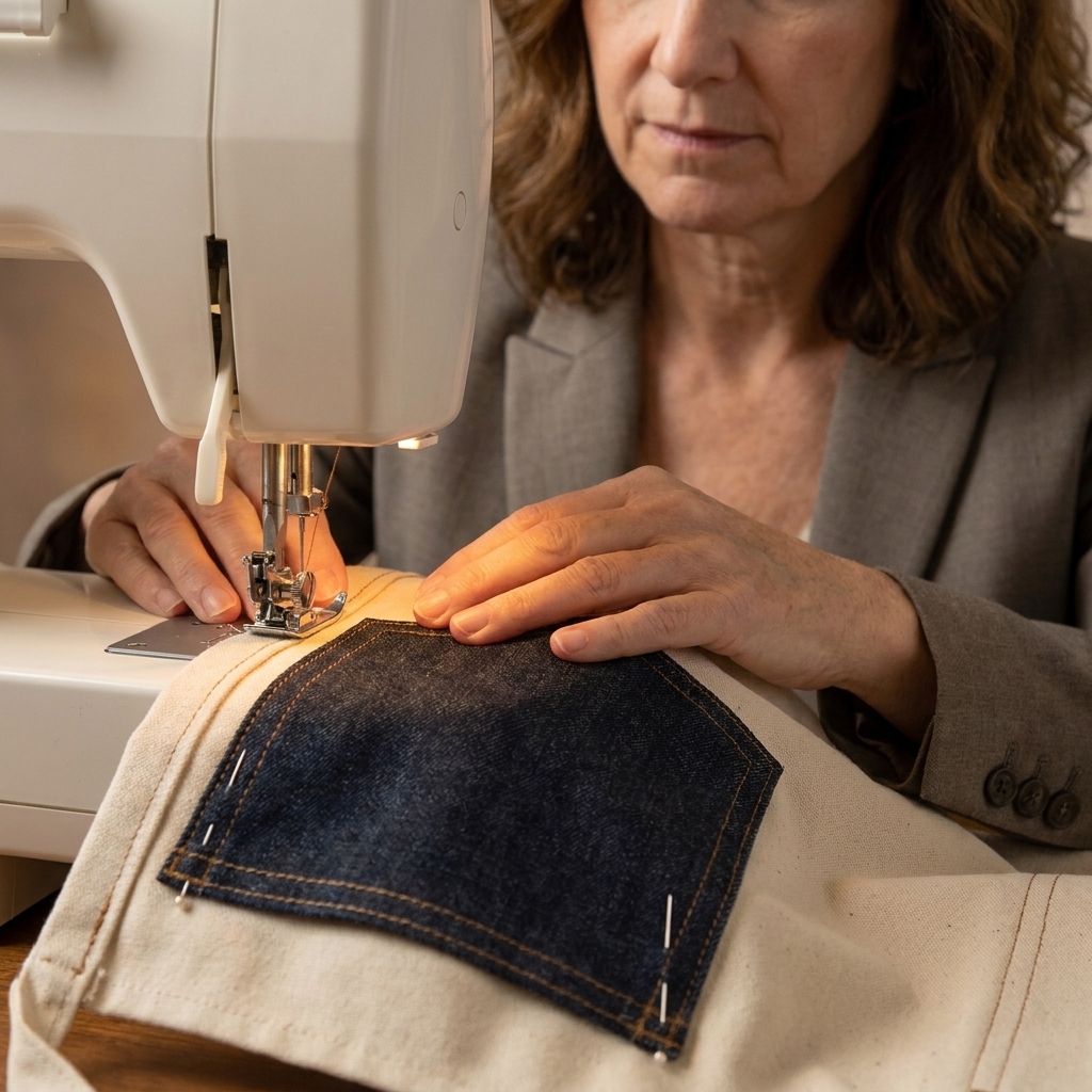 A sewing machine foot topstitching along the side edge of a patch pocket pinned to an apron, with neat stitching visible