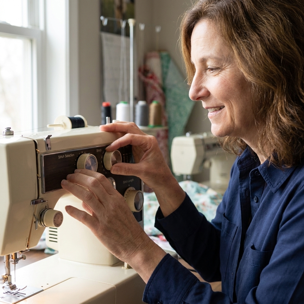A sewing machine front panel with physical dials for stitch selection and stitch length