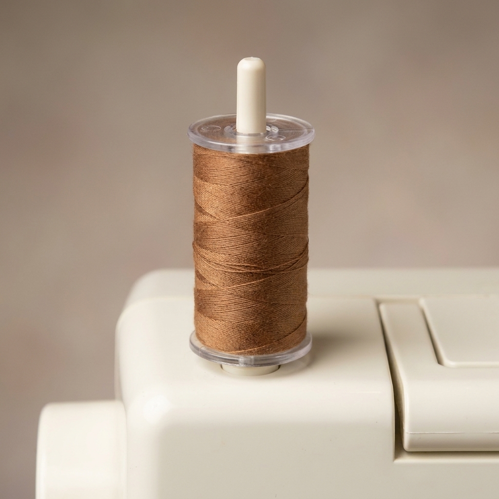 A sewing machine spool pin with a spool of thread and a spool cap installed correctly