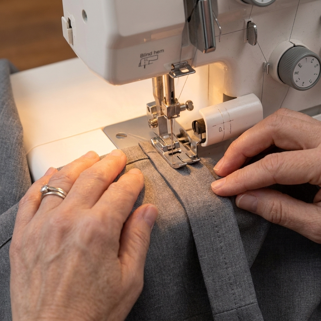 A sewing machine stitching a blind hem on the inside of a pair of trousers, with the folded hem positioned under the presser foot