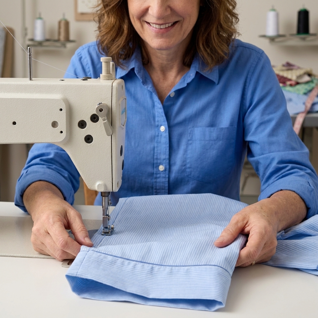 A sewing machine stitching a pressed hem on the leg of pajama pants, with the fabric neatly folded and guided under the presser foot