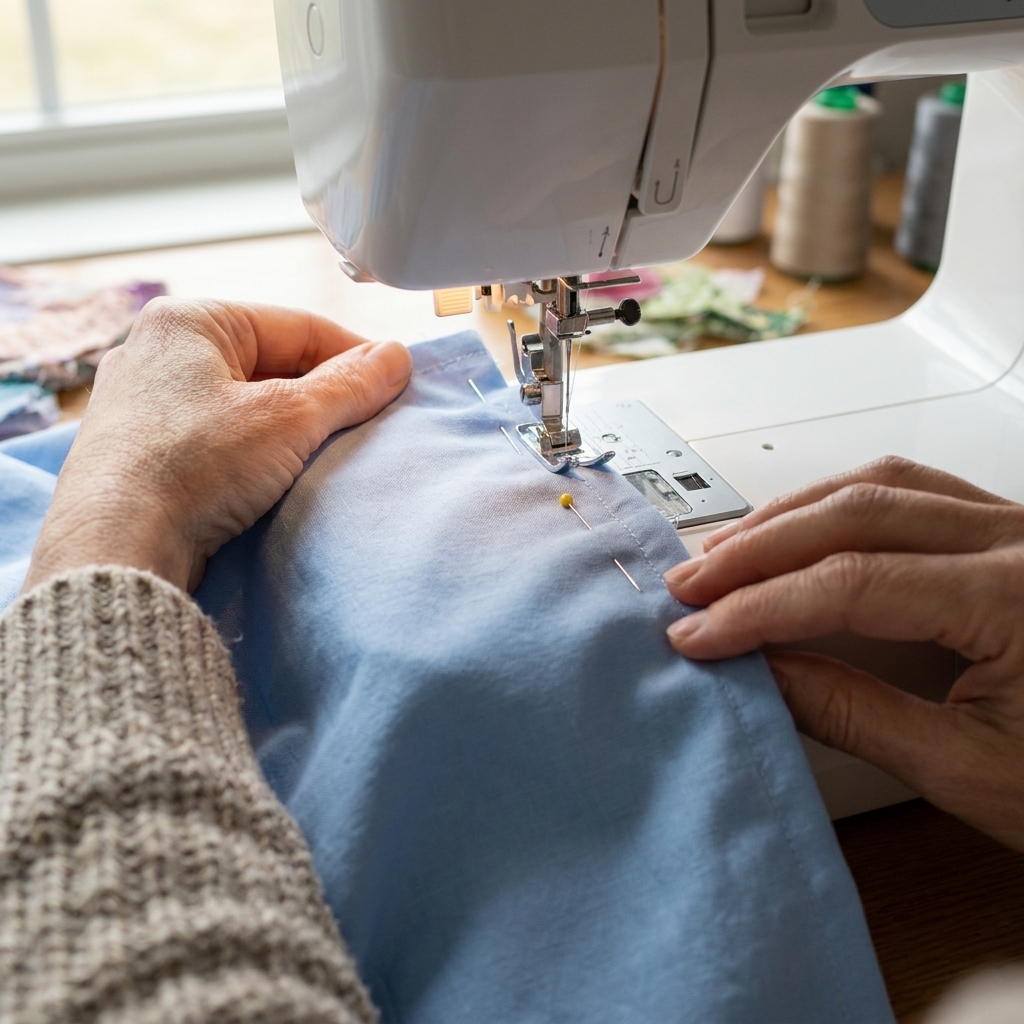 A sewing machine stitching a side seam on cotton fabric with pins placed to indicate a small unsewn gap near the top for the drawstring opening