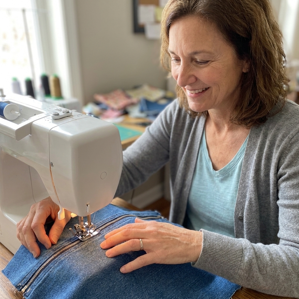A sewing machine stitching a straight line beside a centered zipper on the right side of the fabric using a zipper foot
