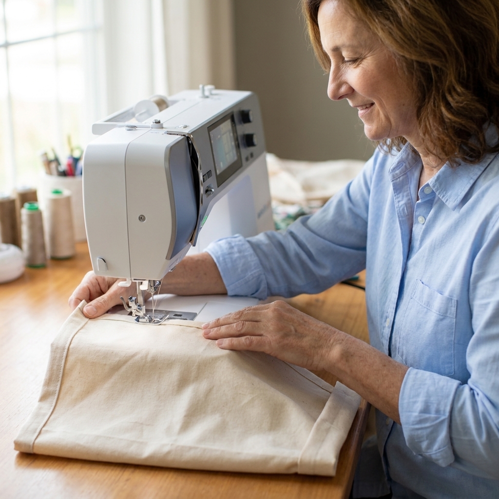 A sewing machine stitching a straight seam along a folded hem on a cotton fabric panel