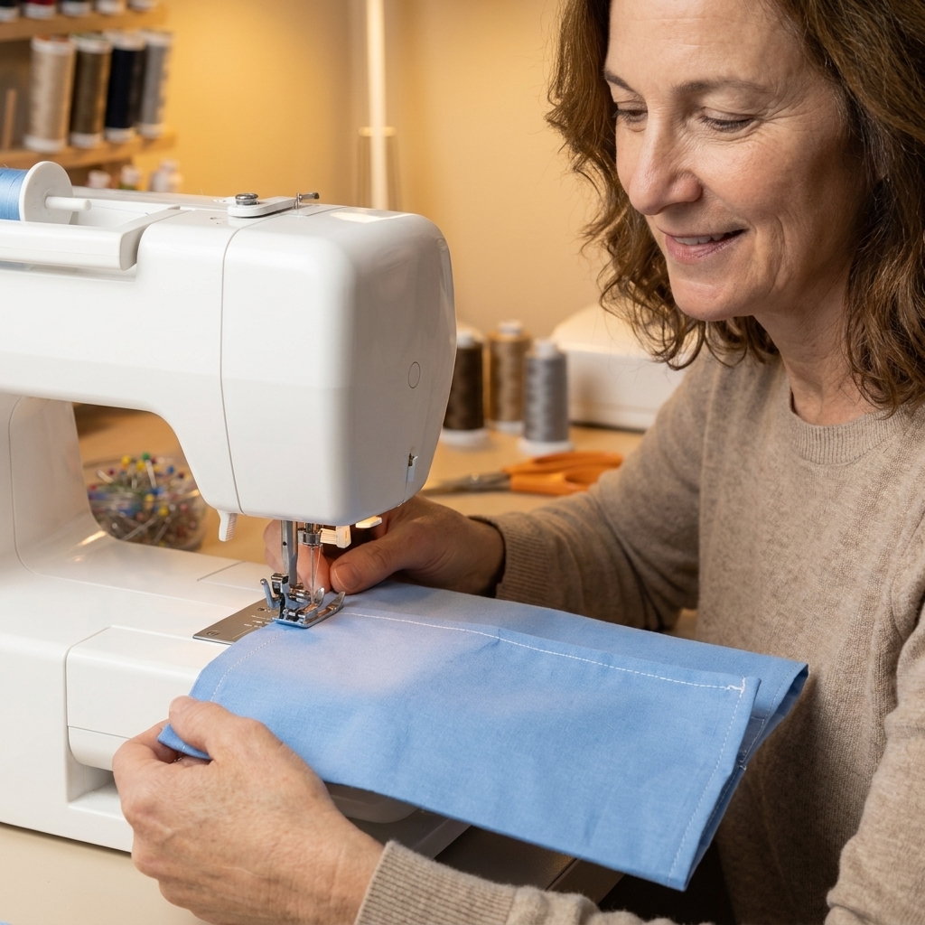 A sewing machine stitching a straight seam along the long edge of a folded fabric rectangle while leaving a small unsewn section at the end