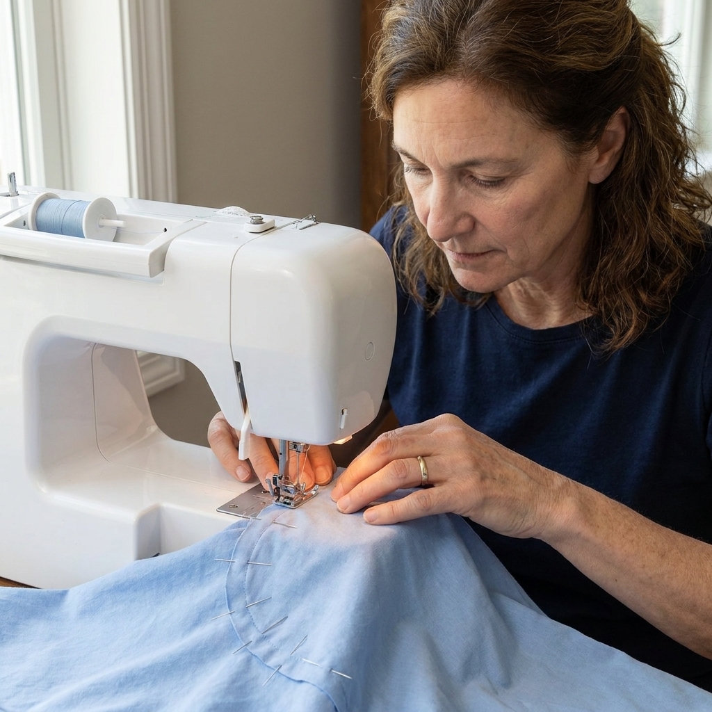 A sewing machine stitching along the curved front rise seam of cotton pajama pants fabric, with pins placed perpendicular to the seam