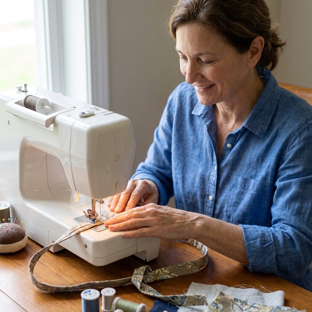 A sewing machine stitching along the edge of a fabric waist tie while hands guide the fabric
