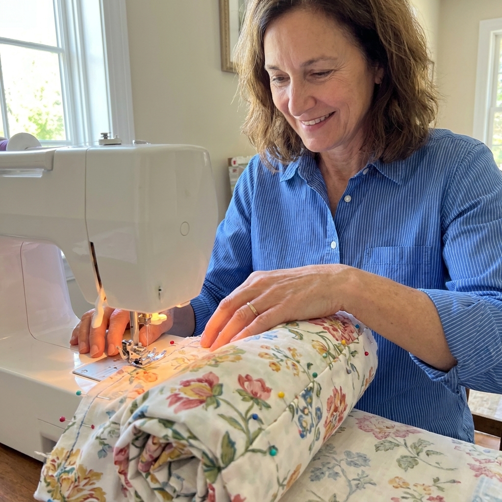A sewing machine stitching along the pinned long edge of a burrito pillowcase bundle, with the fabric roll tucked safely inside