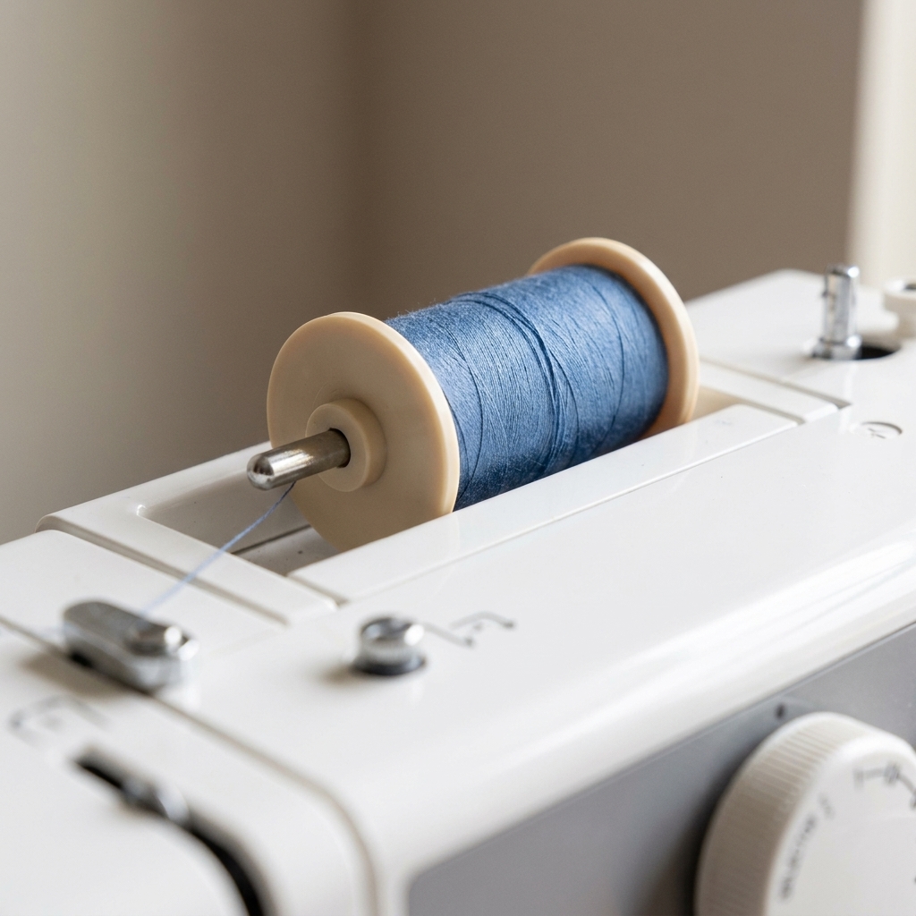 A sewing machine top showing a thread spool on the spool pin with a correctly sized spool cap snug against the spool