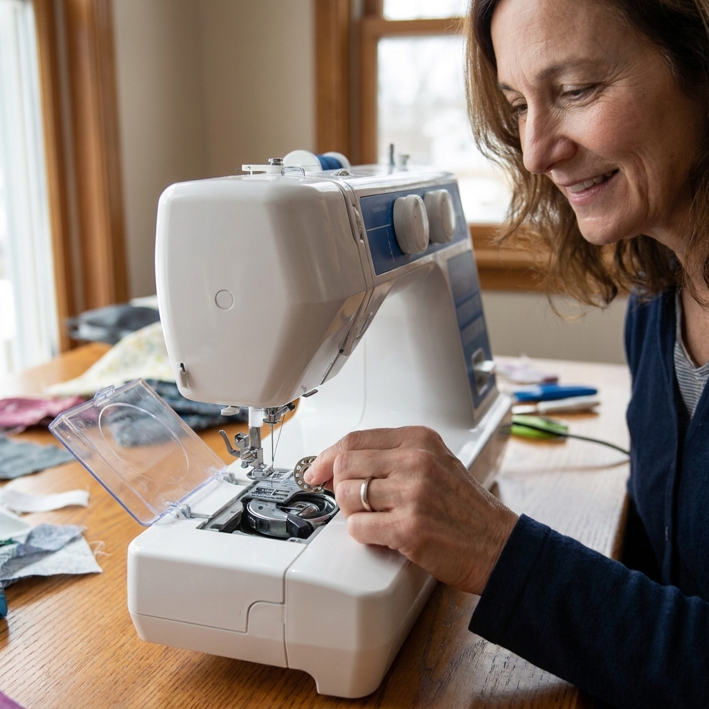 A sewing machine with a clear bobbin cover open, showing a bobbin placed into a drop-in bobbin case