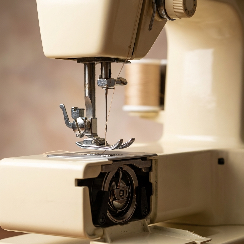 A sewing machine with the presser foot lifted and the needle at its highest position, showing the machine ready for threading