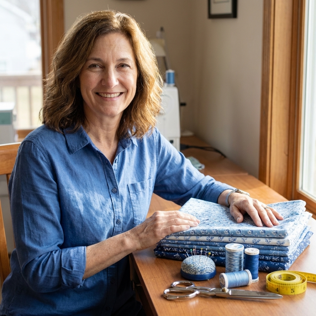 A sewing table with stacked cotton fabrics, matching thread, pins, fabric scissors, and a tape measure laid out neatly before starting a pillowcase