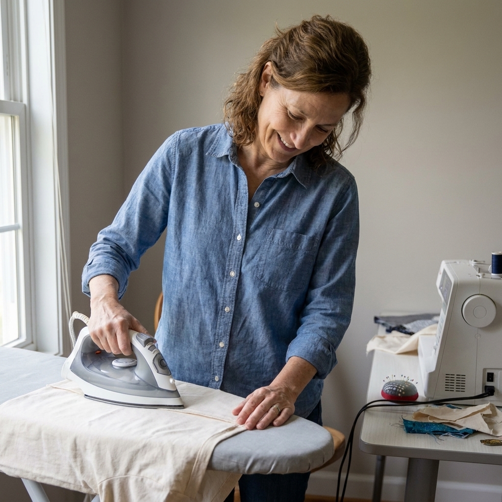 A sewist pressing a cotton seam with a household iron on an ironing board next to a sewing machine