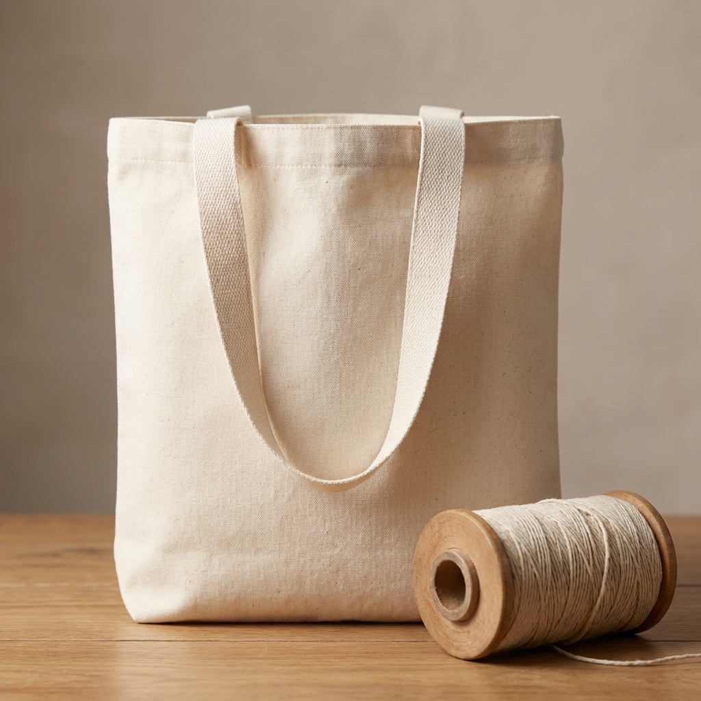 A simple canvas tote bag with wide straps sitting on a table beside a spool of thread