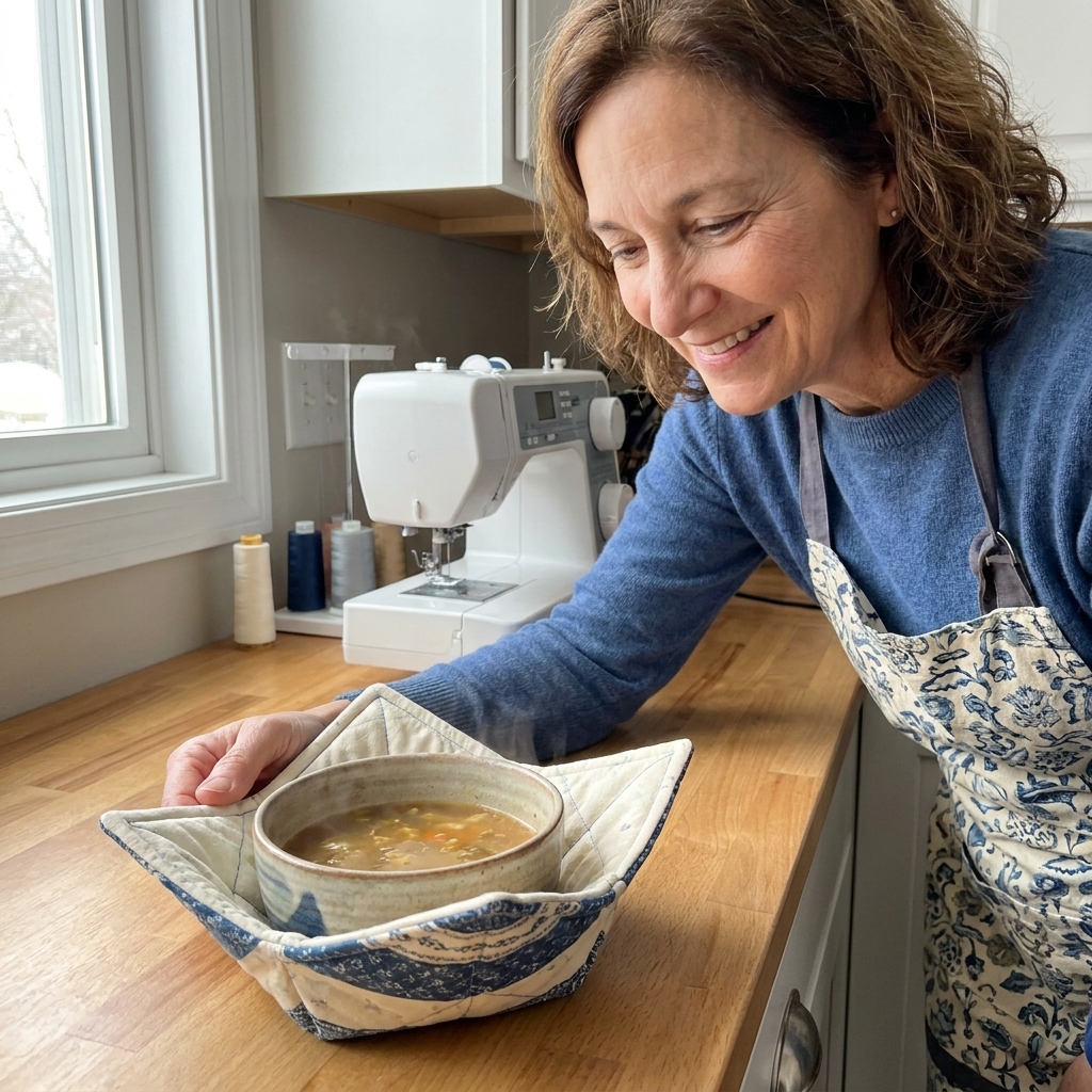 A single handmade cotton bowl cozy holding a ceramic soup bowl on a kitchen counter, showing neat beginner sewing seams