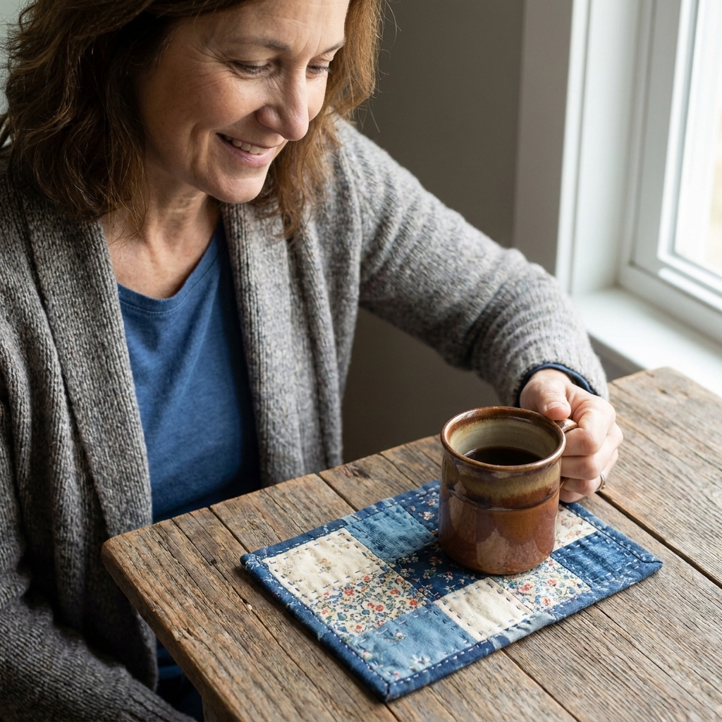 A single handmade patchwork mug rug on a wooden table with a coffee mug resting on it, showing simple beginner-friendly piecing