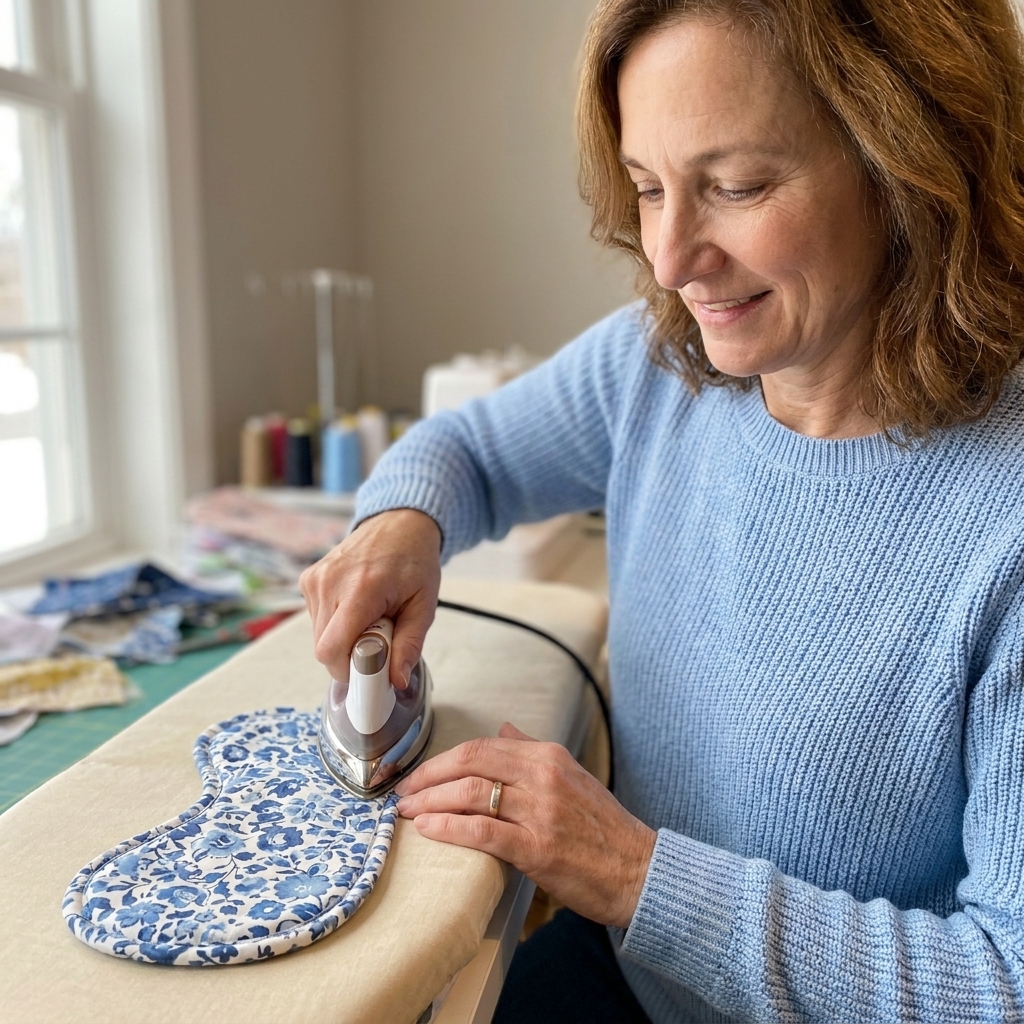 A sleep mask being pressed with a small iron on an ironing board, showing smooth rounded edges after turning